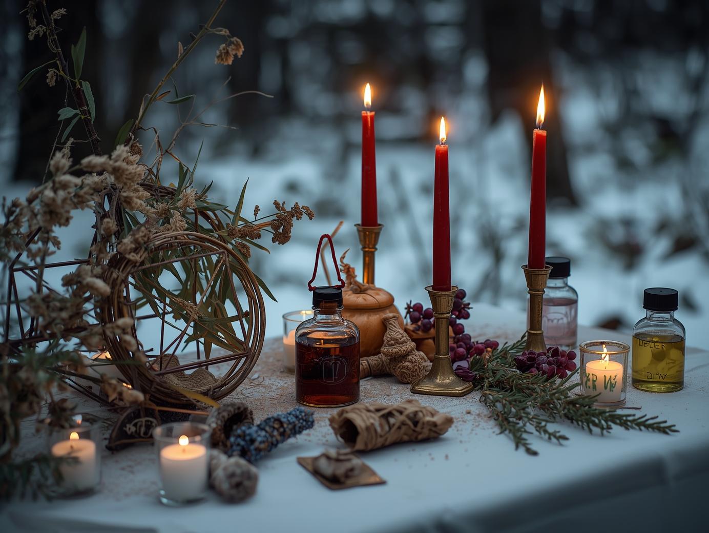 old witchcraft winter yule season altar with candles and herbs and oils in the forest (1)